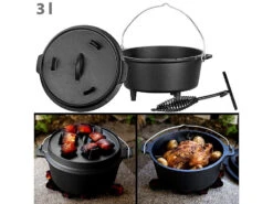 Rosenstein & Söhne Dutch Ofen:Dutch Oven Aus Gusseisen Mit Standfüßen, 2in1-Deckel & -Pfanne, 3 L