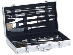 Rosenstein & Söhne Grillset:14-teiliges Edelstahl-Grillbesteck-Set, Aluminium-Koffer, Grillbürste