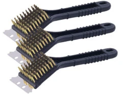 PEARL Grillbürste:3er-Set 2in1-Grill-Reinigungs-Bürsten, Messing, Mit Edelstahl-Schaber