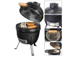 Rosenstein & Söhne Keramikgrill:2in1-Kamado-Keramik-Kugelgrill & Smoker, Thermometer, Lüftung, Ø 27 Cm