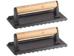 Rosenstein & Söhne Grillpresse:2er-Set BBQ-Fleischbeschwerer & Burgerpressen, Emailliertes Gusseisen