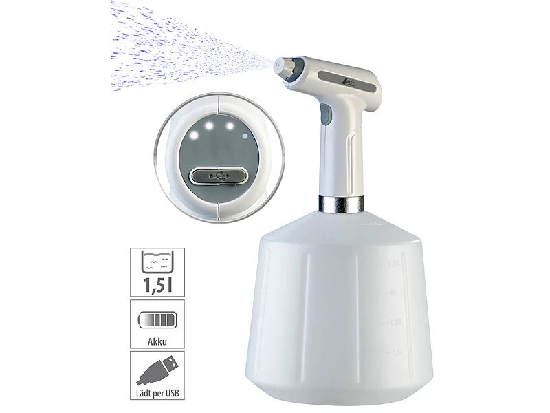 AGT Akku Sprühflasche:2er-Set Akku-Pump-Drucksprüher Mit Einstell-Düse, Je 1,5 Liter 10 AGT Akku Sprühflasche:2er-Set Akku-Pump-Drucksprüher Mit Einstell-Düse, Je 1,5 Liter – Bild 8