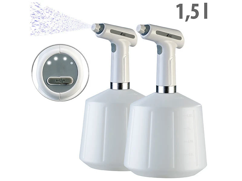 AGT Akku Sprühflasche:2er-Set Akku-Pump-Drucksprüher Mit Einstell-Düse, Je 1,5 Liter 4 AGT Akku Sprühflasche:2er-Set Akku-Pump-Drucksprüher Mit Einstell-Düse, Je 1,5 Liter – Bild 2