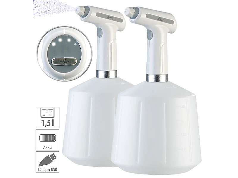 AGT Akku Sprühflasche:2er-Set Akku-Pump-Drucksprüher Mit Einstell-Düse, Je 1,5 Liter 3 AGT Akku Sprühflasche:2er-Set Akku-Pump-Drucksprüher Mit Einstell-Düse, Je 1,5 Liter