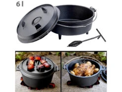 Rosenstein & Söhne Töpfe:Dutch Oven Aus Gusseisen Mit Standfüßen, 2in1-Deckel & -Pfanne, 6 L