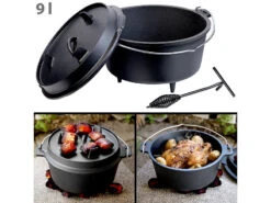 Rosenstein & Söhne Schmortopf:Dutch Oven Aus Gusseisen Mit Standfüßen, 2in1-Deckel & -Pfanne, 9 L