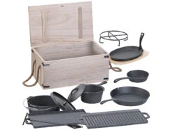 Semptec Topf:9-teiliges Gusseisen-Dutch-Oven-Set Mit Aufbewahrungskiste Aus Holz
