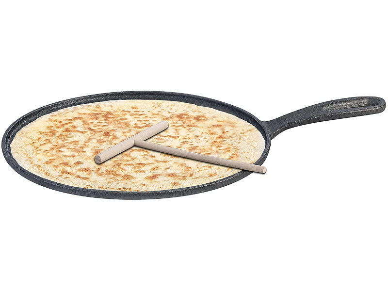 Rosenstein & Söhne Kochgeschirr:Gusseiserne Crêpe-Pfanne Für Grill Und Herd Mit Teigverteiler, 2er-Set 3 Rosenstein & Söhne Kochgeschirr:Gusseiserne Crêpe-Pfanne Für Grill Und Herd Mit Teigverteiler, 2er-Set